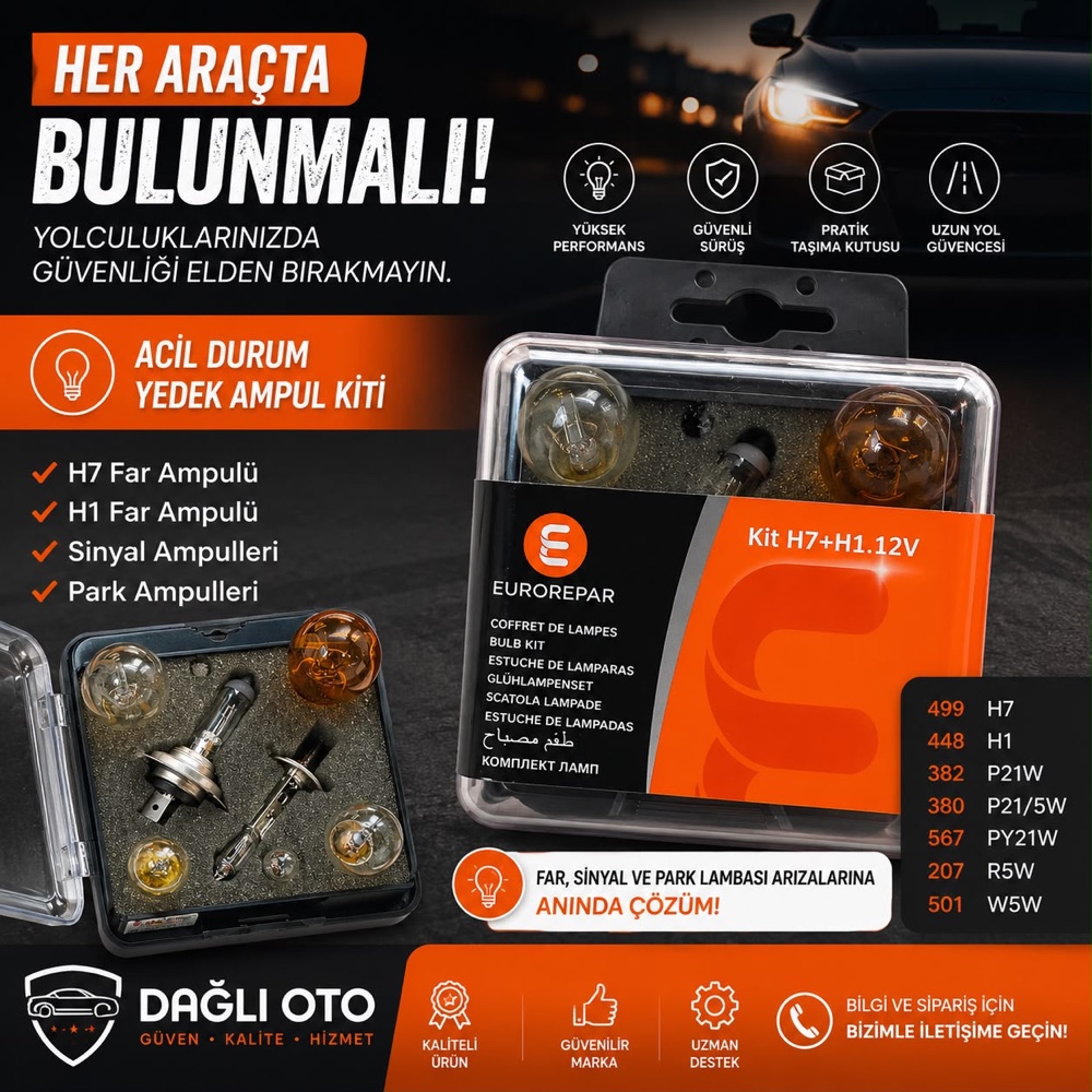 Acil Durum Yedek Ampul Kiti — H7, H1, sinyal ve park ampulleri